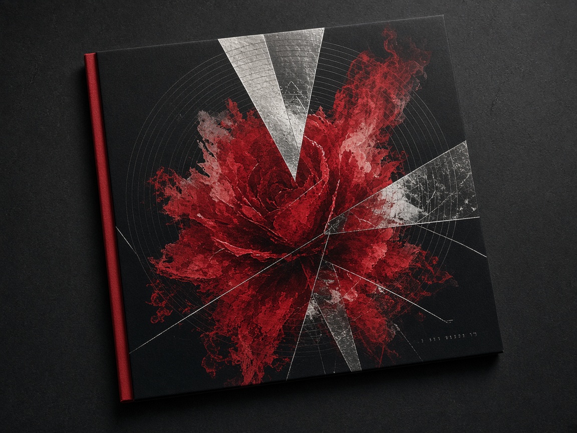 Dramatic crimson rose-nebula vinyl sleeve with silver shards — Publish music and cover art